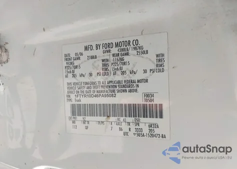 2006 Ford Ranger Xl/Xlt из США, поврежденный, VIN 1FTYR10D46PA95082